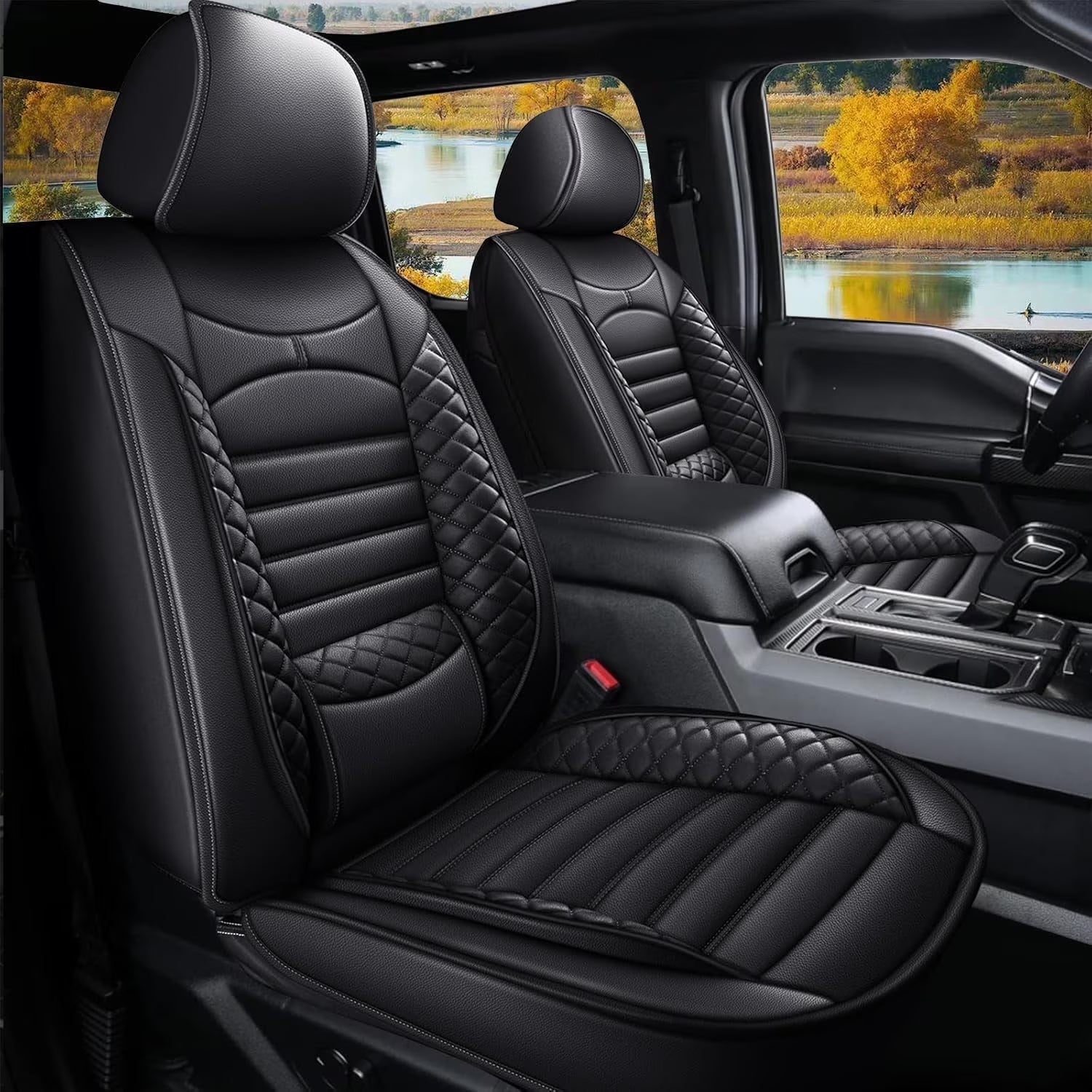 Custom Seat Covers for Ford F150 2009-2024 - 2025 F250/F350/F450 2017-2024: 5 Seat Full Set Faux Leather Truck Seat Covers Car Cushion (Black)