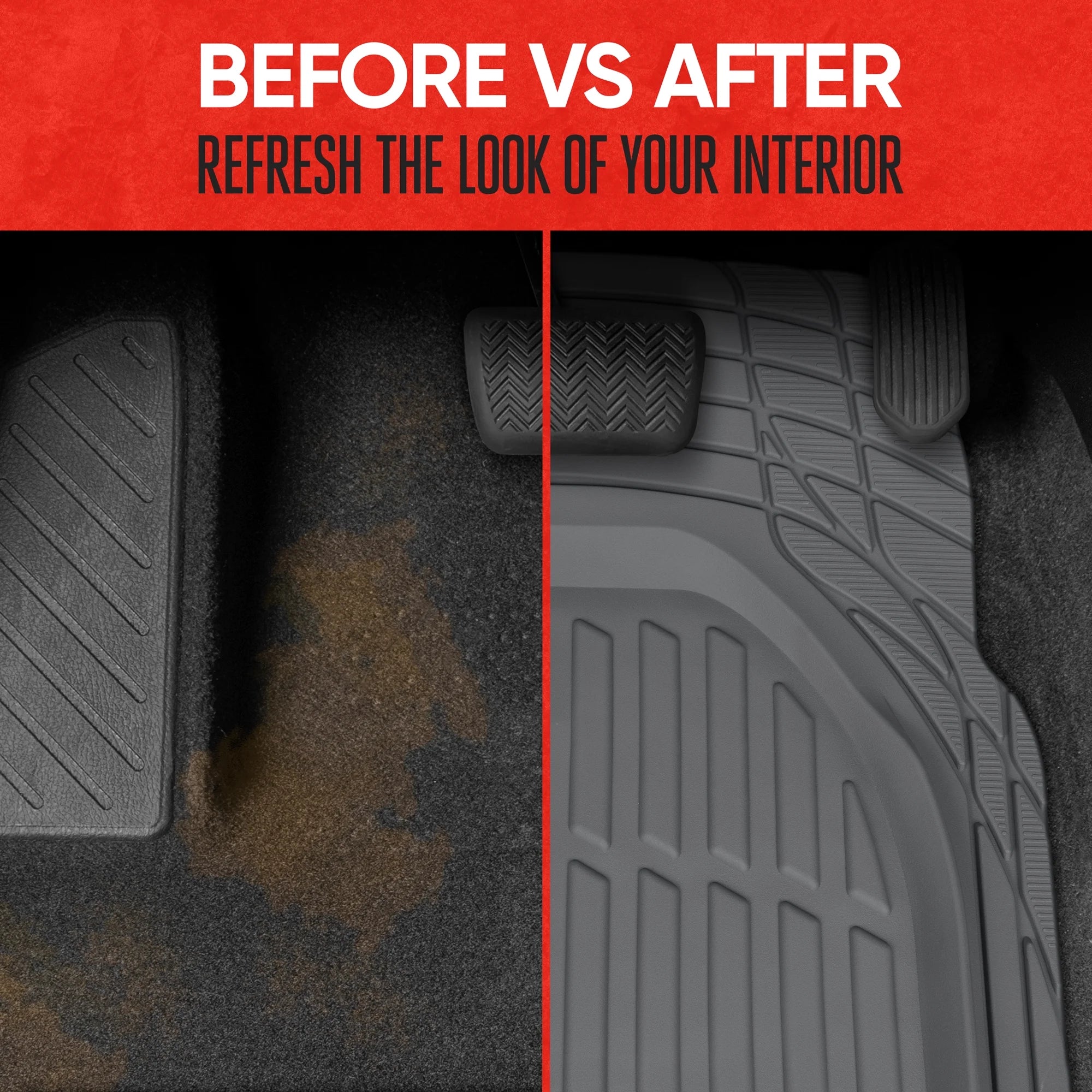 & BDK Heavy Duty Gray Rubber Car Mats Full Set - Universal Trim-To-Fit All Weather Floor Mats - Floor Mats for Car Accessories - Front & Back Interior Floor Mats for Truck Accessories