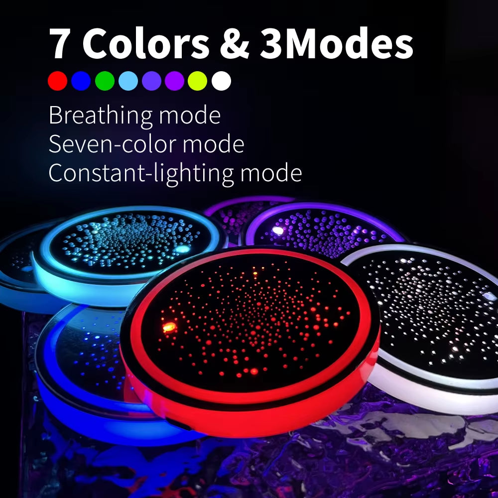 2PCS LED Cup Holder Lights for Car, Rechargeable 7 Color-Changing Light up Cup Holder Insert Coasters, Car Accessories for Teens