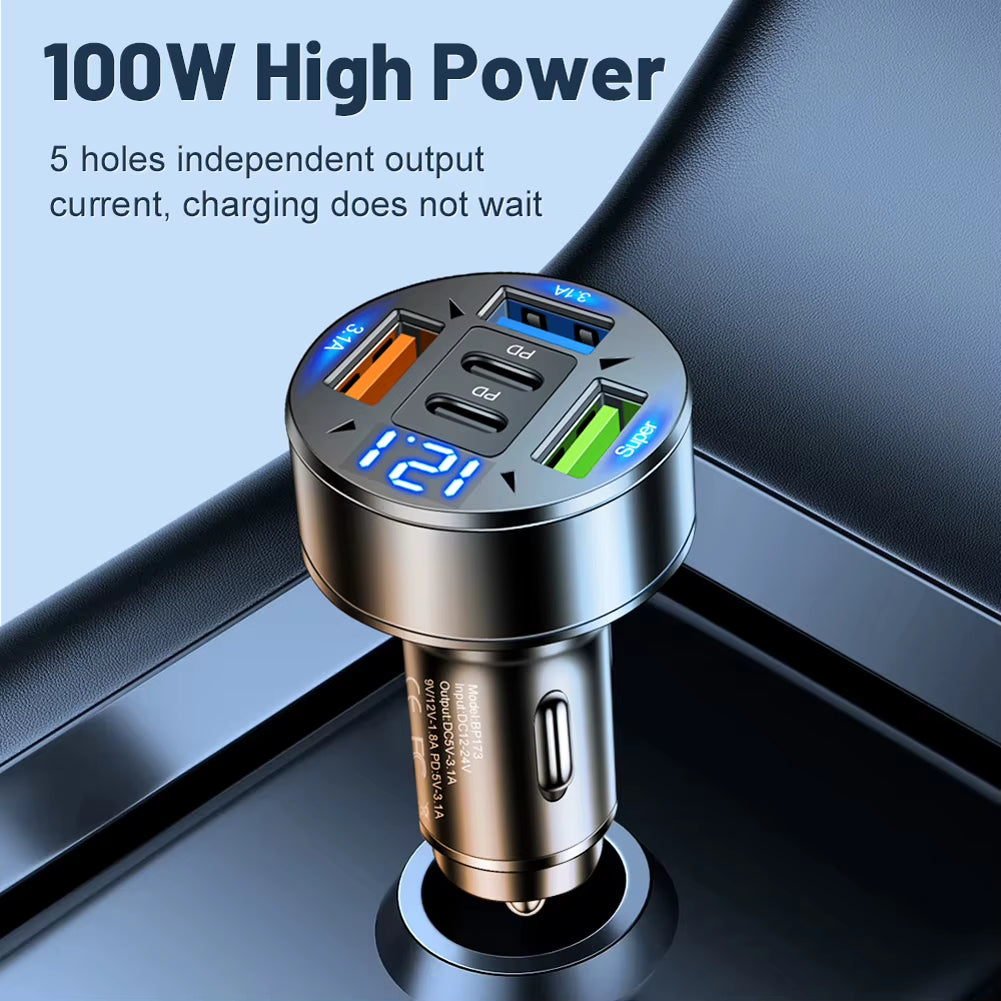 100W 5 Ports Car Charger with Voltage Car Phone Charger Adapter Cigarette Lighter Car Phone Charger for Most Car Models