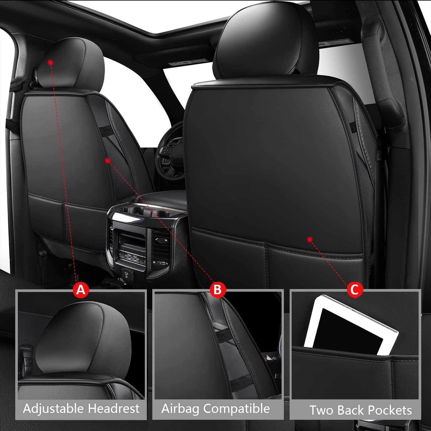 Faux Leather Ram Seat Covers Full Set for 2009-2024 1500 2500 3500 Black/Red