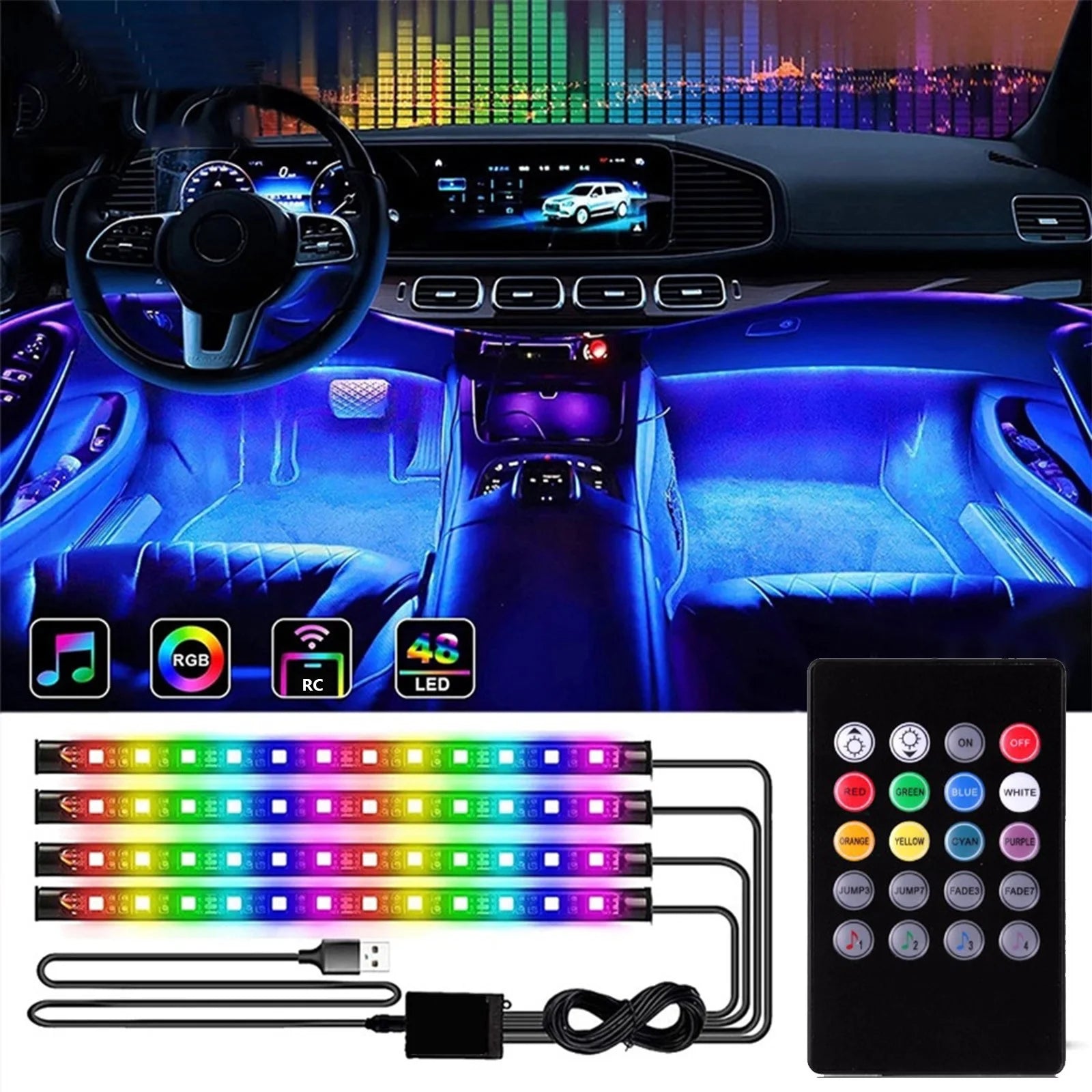 4-Piece Usb-Powered Car Interior LED Strip Lights with Remote Control and Music Sync for Ambient under Dash Lighting