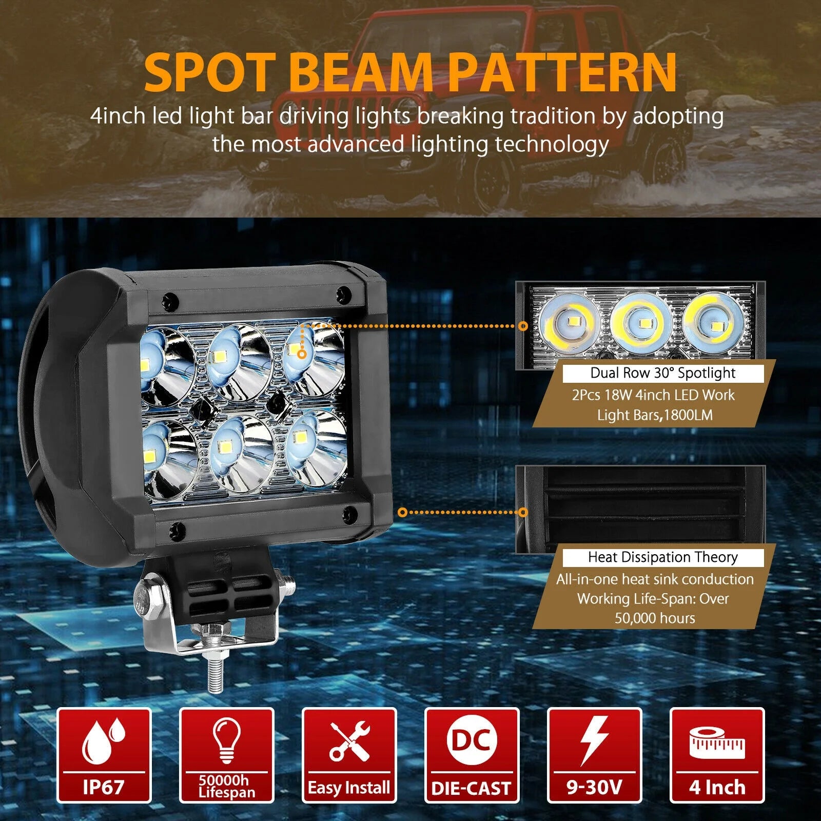 22Inch Dual Row Spot LED Light Bar off Road ATV Driving Light+4X 4 Inch LED Pods Fog Lights Work Lights for Jeep Trucks Polaris ATV UTV Boat