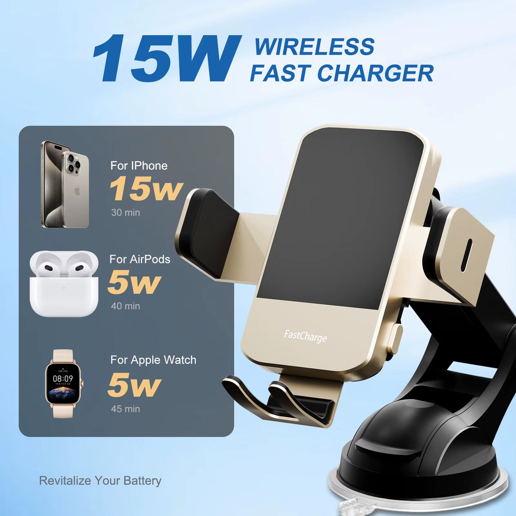 15W Qi Magnetic Wireless Car Phone Charger Auto-Clamping Car Charger Phone Holder Dashboard Vent Phone Mount Fast Charging