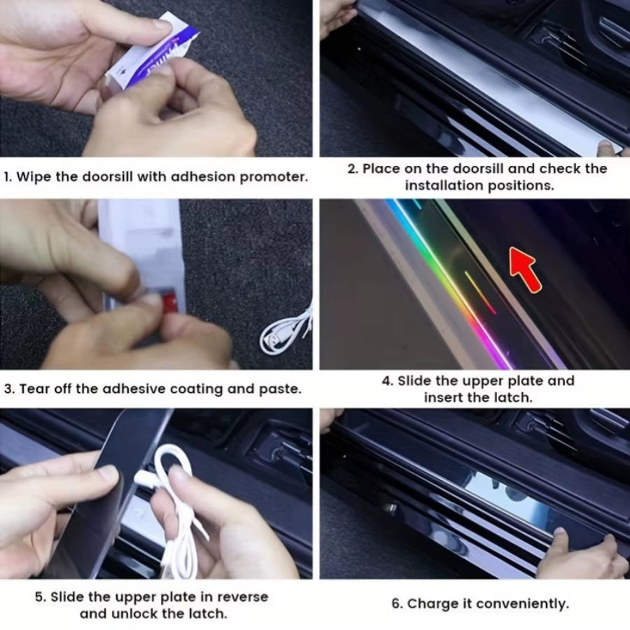 4PC Car Door Sill Plate LED Lights Wireless Car Door Lights Auto-Sensing Led Door Sill 12 Transformation Modes for All Car Model