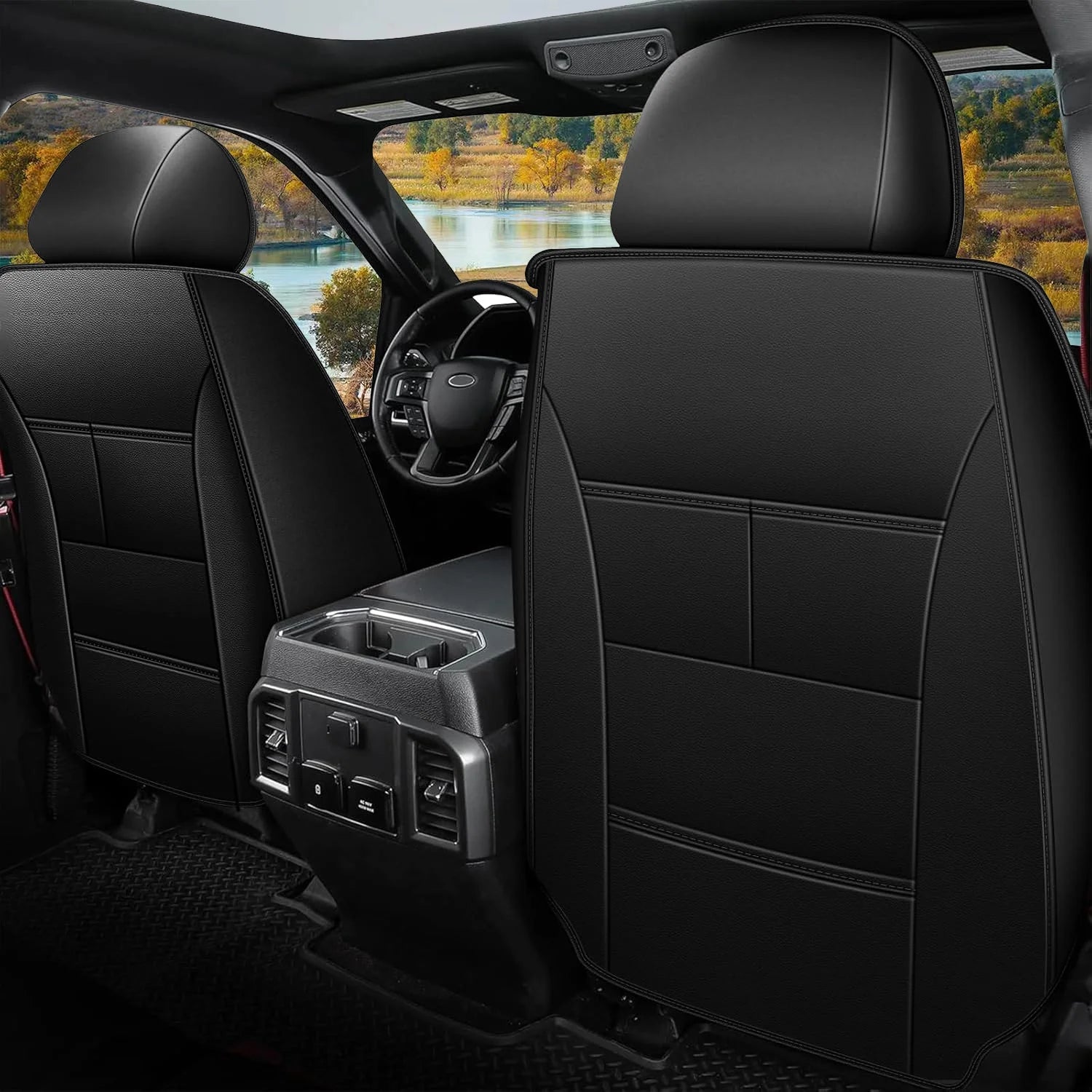 Custom Seat Covers for Ford F150 2009-2024 - 2025 F250/F350/F450 2017-2024: 5 Seat Full Set Faux Leather Truck Seat Covers Car Cushion (Black)