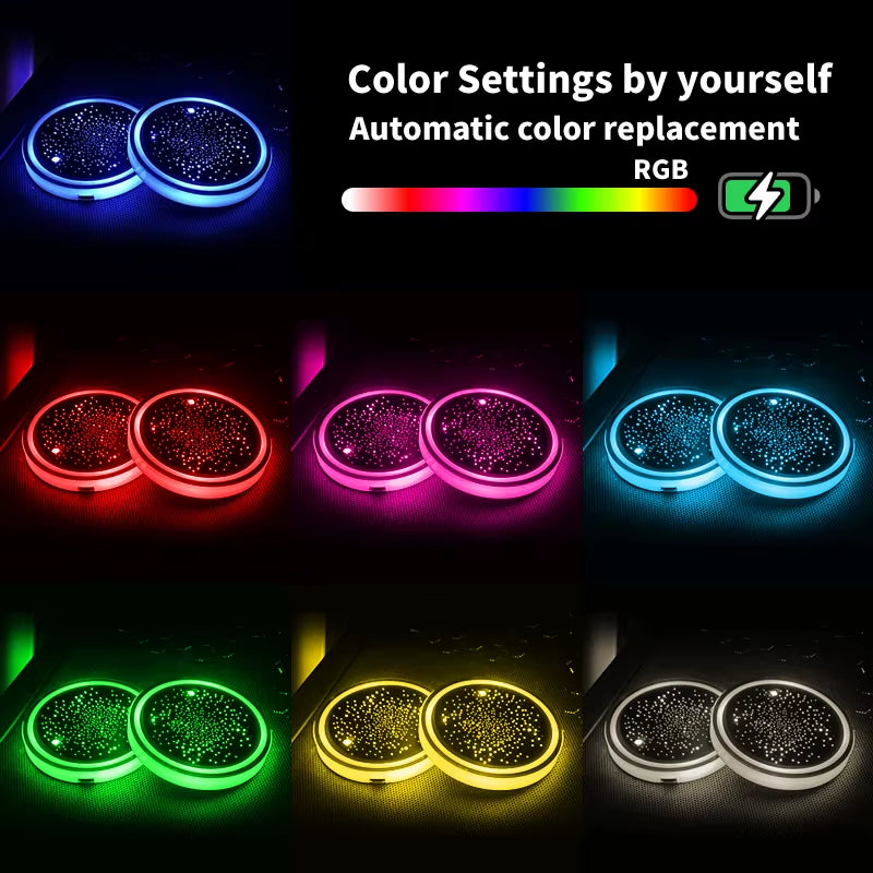 2PCS LED Cup Holder Lights for Car, Rechargeable 7 Color-Changing Light up Cup Holder Insert Coasters, Car Accessories for Teens