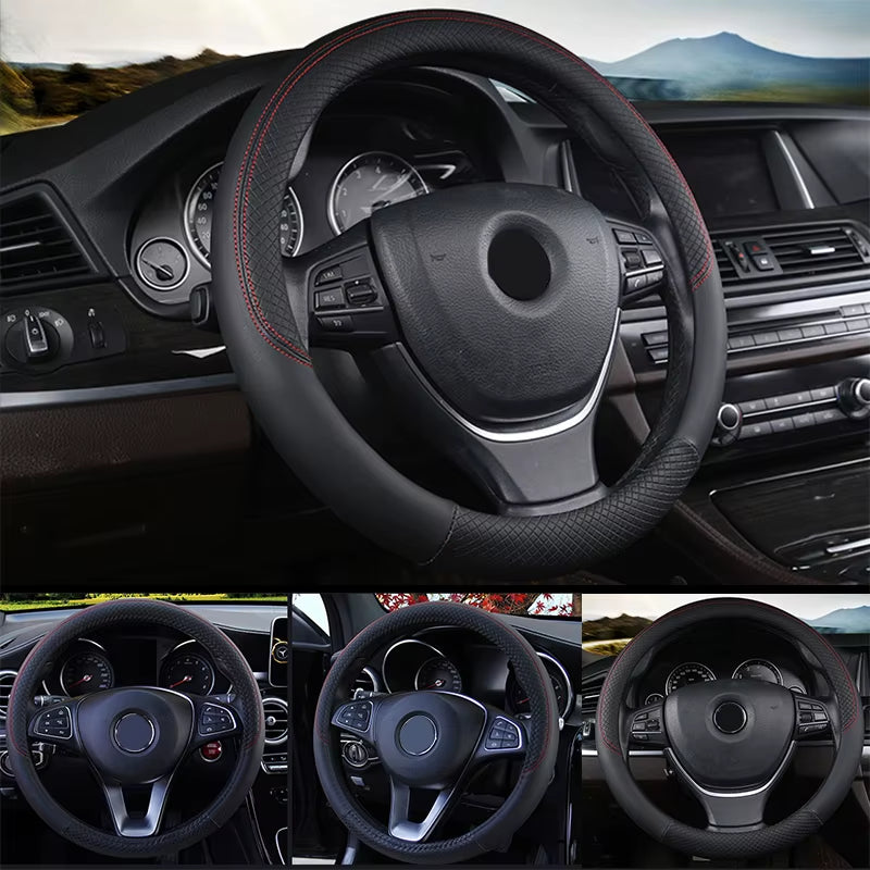 Leather Car Steering-Wheel Cover 38CM Car Sport Style Auto Steer Wheel Covers Anti-Slip anti Scratch Steering Cover