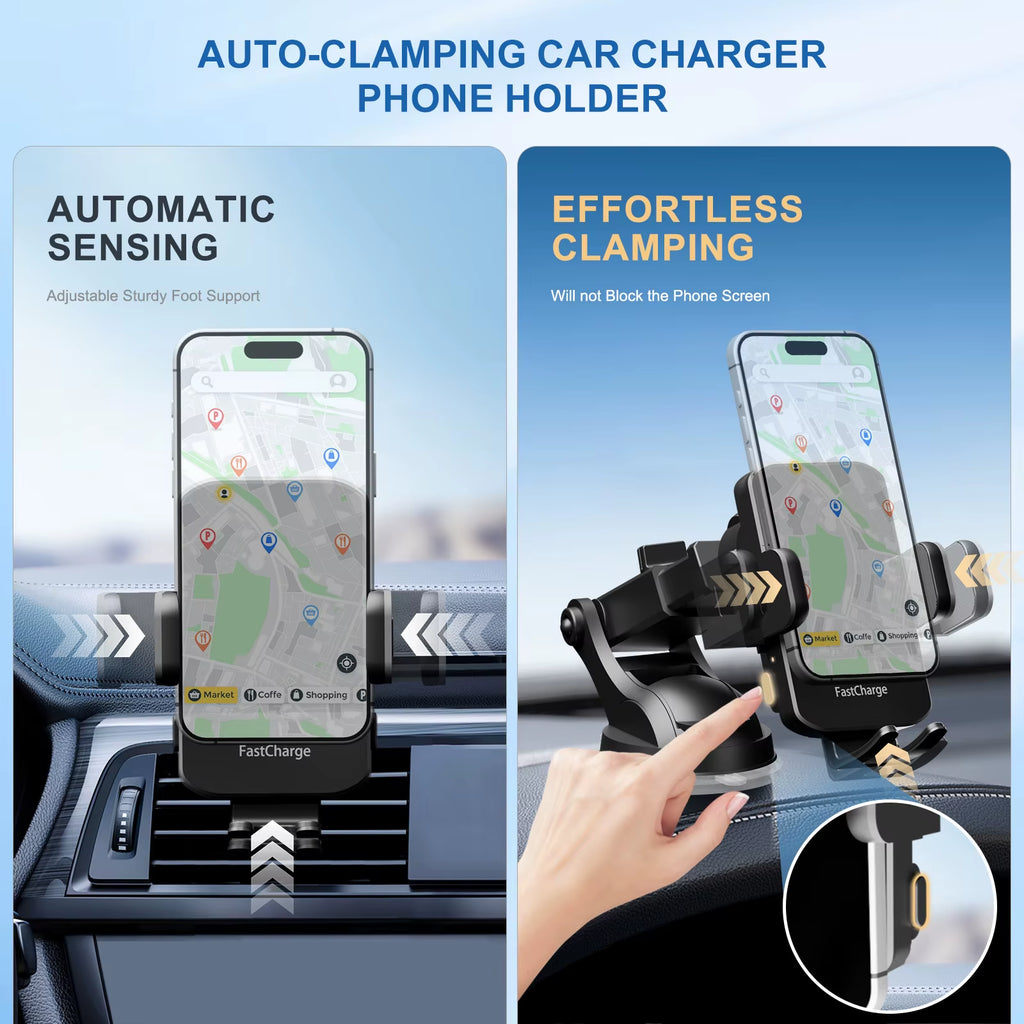 15W Qi Magnetic Wireless Car Phone Charger Auto-Clamping Car Charger Phone Holder Dashboard Vent Phone Mount Fast Charging