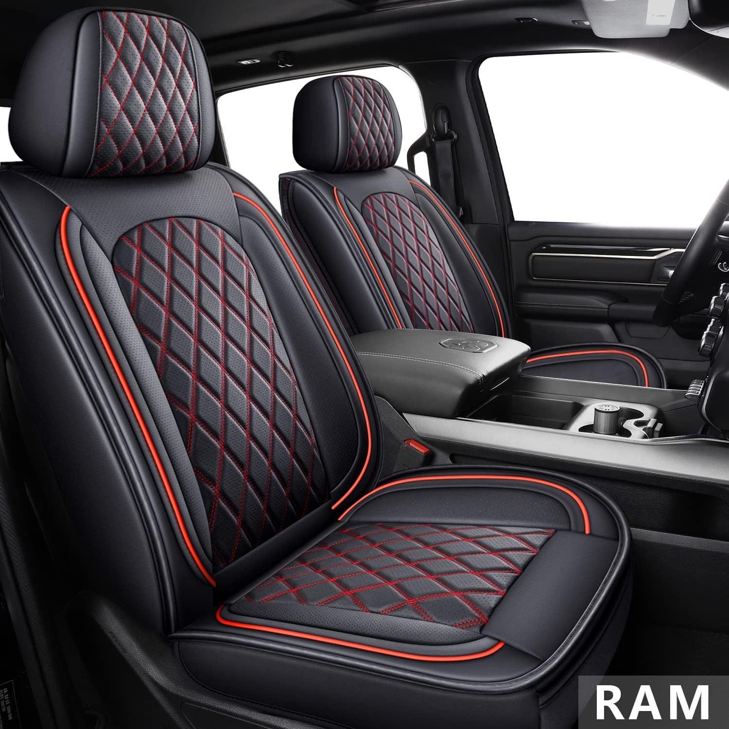 Faux Leather Ram Seat Covers Full Set for 2009-2024 1500 2500 3500 Black/Red