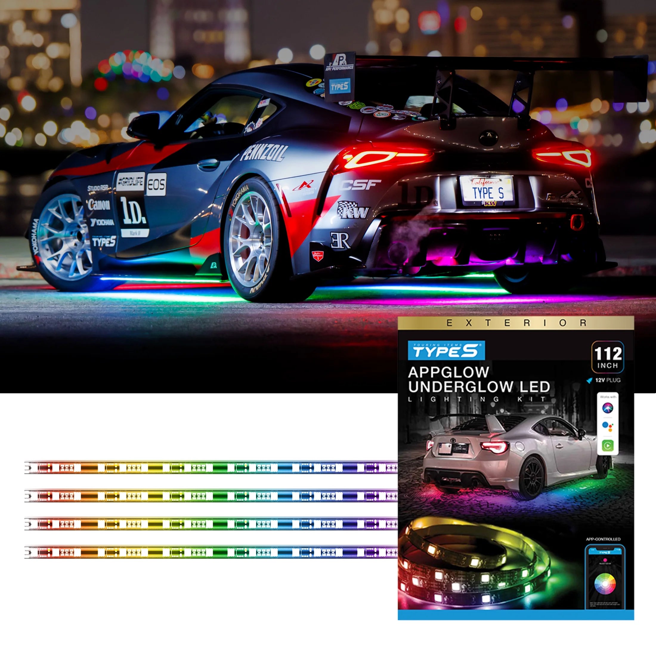 - Appglow Multicolor Underglow LED Kit, Carplay Compatible, Siri & Hey Google Voice-Control, Bluetooth, Custom RGB Lighting Presets, Control Zones, 112 Inches